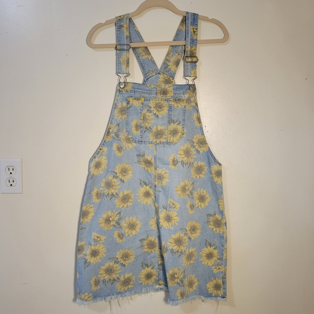 American Eagle Outfitters Light Blue Denim Sunflower Print Short Overalls